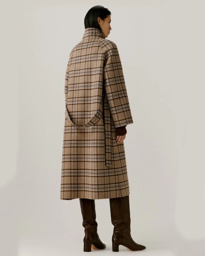 Noralux Women's Wool Plaid Double-Sided Belted Coat