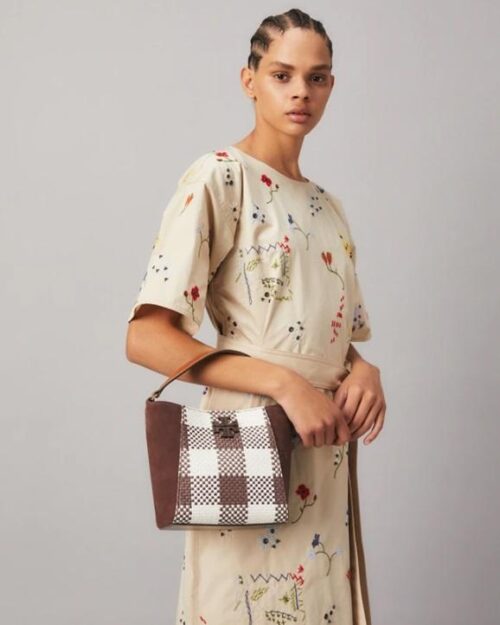 Tory Burch Mcgraw Woven Plaid Small Bucket Bag