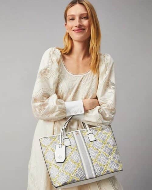 Tory Burch T Monogram Floral Vine Small Top-Zip Tote Bag In Ivory