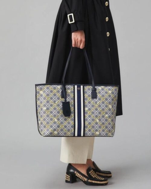 Tory Burch T Monogram Floral Vine Top-Zip Tote Bag In Navy