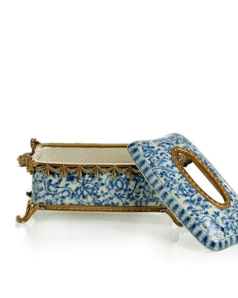 DG Boutique Blue and White Antique Brass Tissue Box Cover