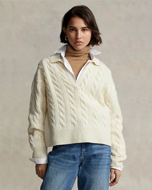 Polo Ralph Lauren Cable-Knit Wool-Cashmere Polo Sweater In Beige