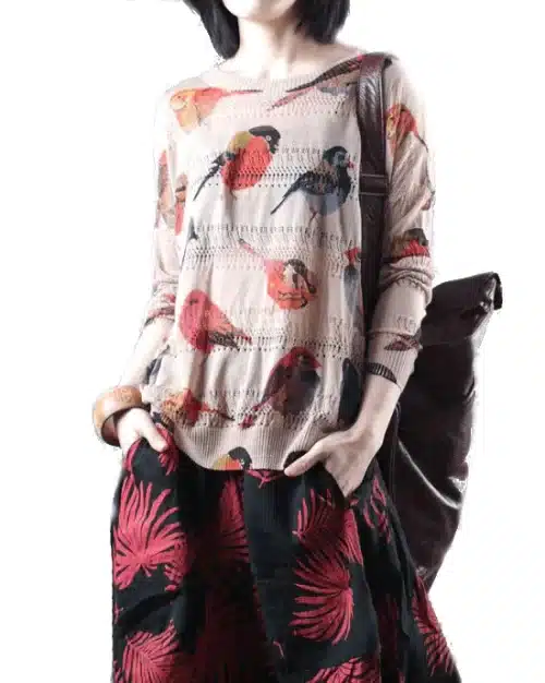 Women's Spring Bird Printing Hollow Knitting Shirt
