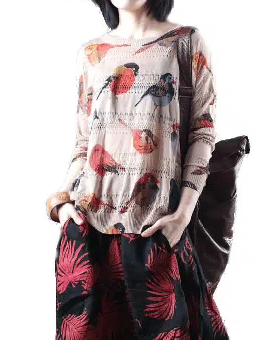 Women's Spring Bird Printing Hollow Knitting Shirt