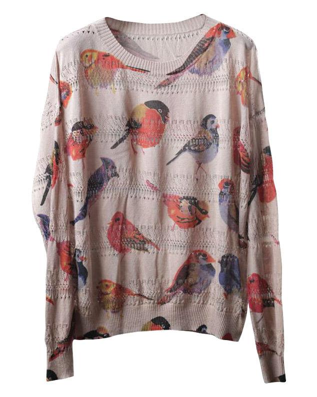 Women's Spring Bird Printing Hollow Knitting Shirt