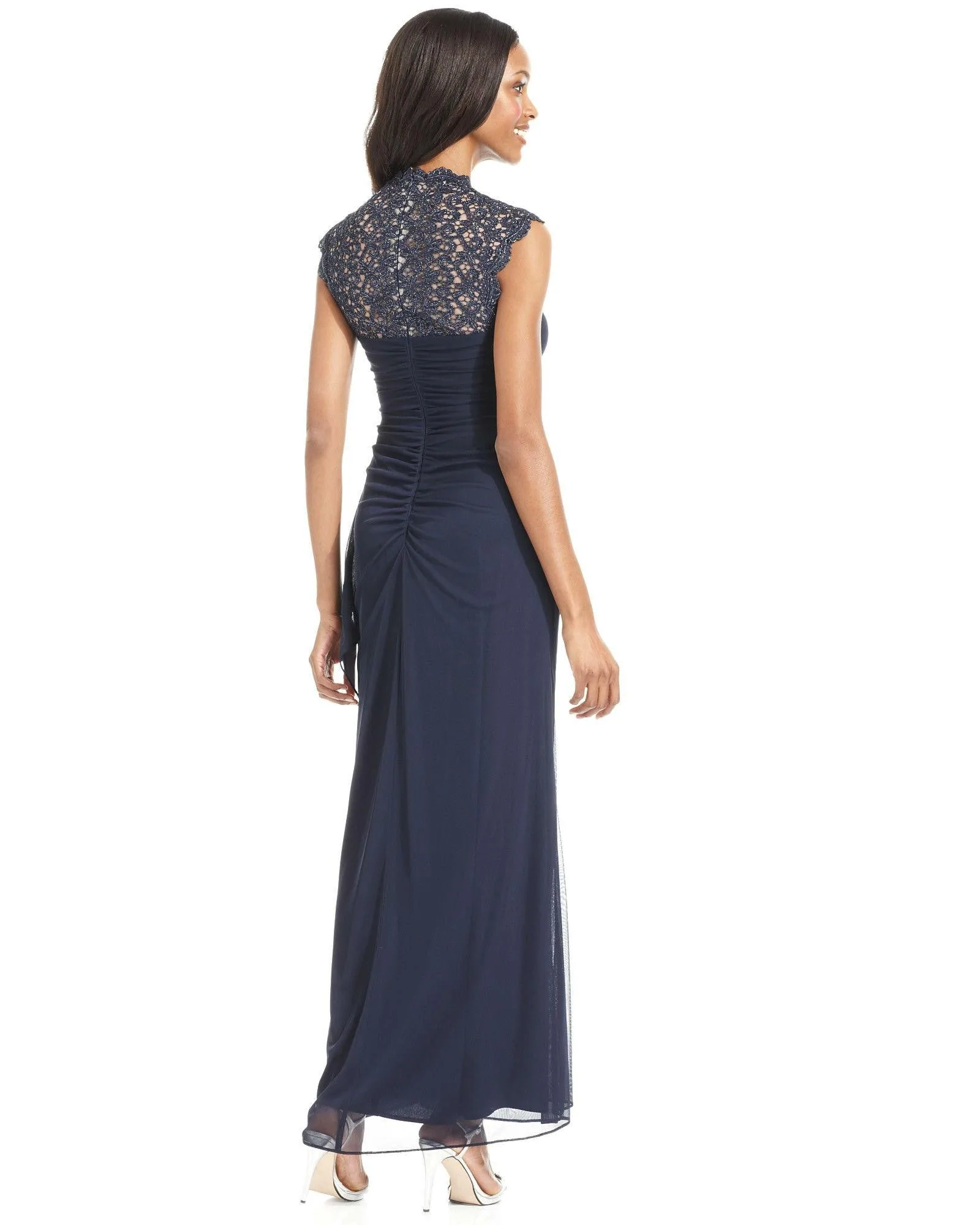 Xscape Sleeveless Metallic Lace Gown-XSCAPE EVENINGS-Fashionbarn shop