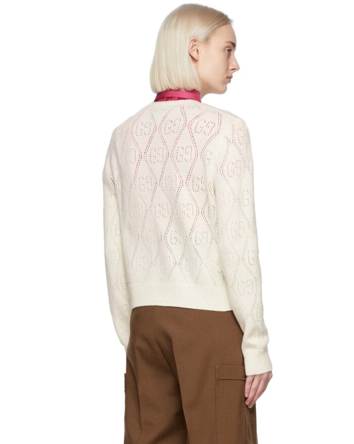 Gucci GG Perforated Wool Cropped Cardigan In White