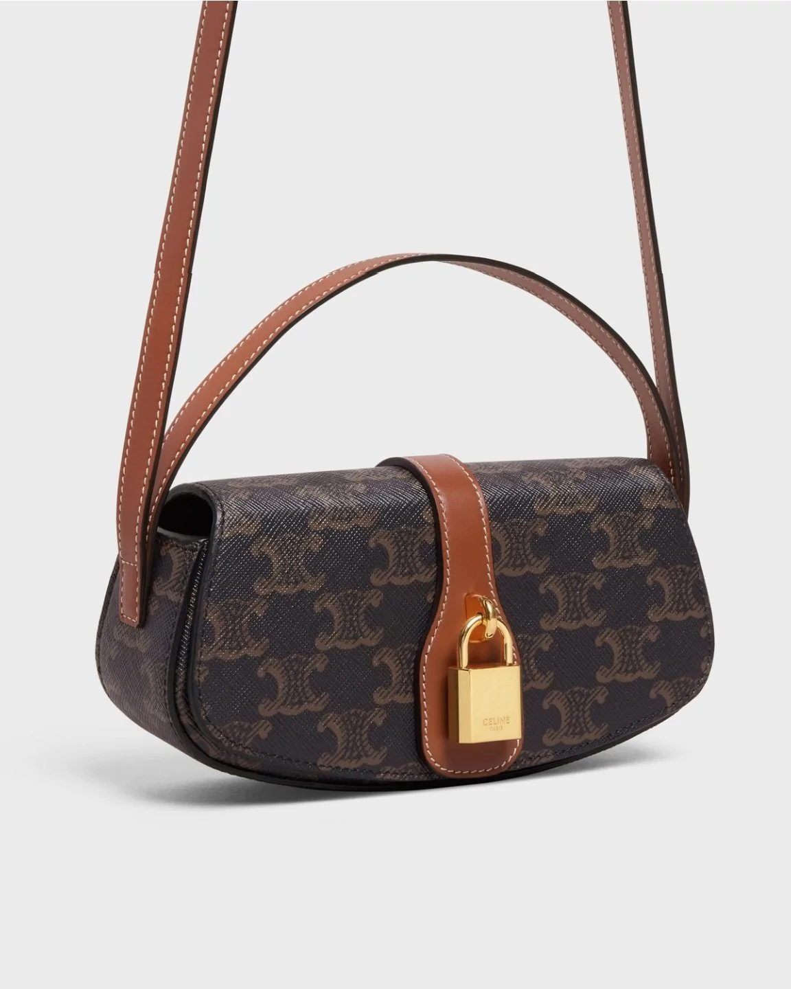 Celine Clutch On Strap In Triomphe Canvas And Calfskin Tan