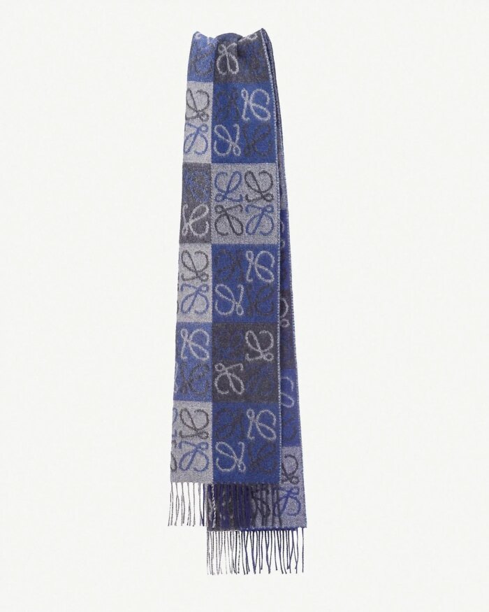 Loewe Fringed Wool and Cashmere-blend Jacquard Scarf, Blue/Grey
