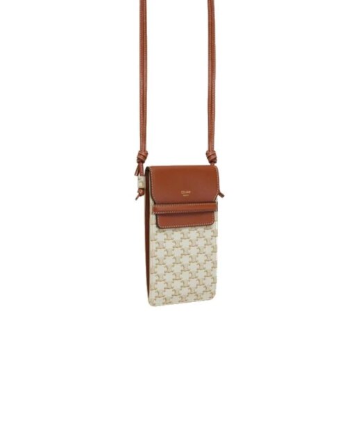 Celine Phone Pouch With Flap In Triomphe Canvas And Lambskin White/Tan