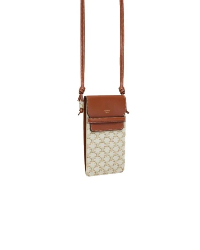 Celine Phone Pouch With Flap In Triomphe Canvas And Lambskin White/Tan