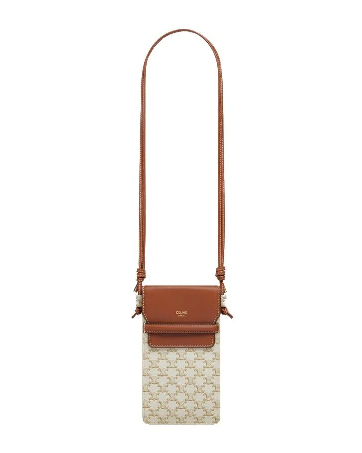 Celine Phone Pouch With Flap In Triomphe Canvas And Lambskin White/Tan