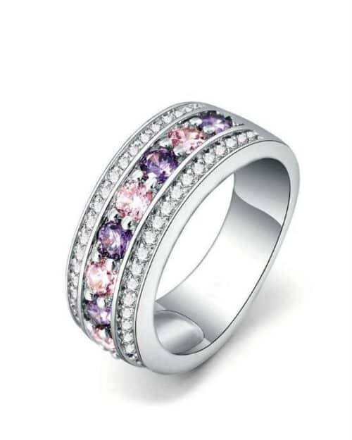 Blaike Round 925 Sterling Silver Purple & Pink Rhinestone Anies Wedding Ring