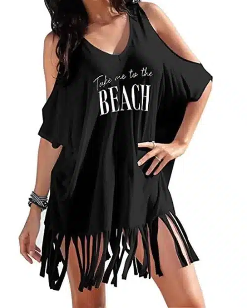 Women's Summer Tassel Logo Print Baggy Beach Dress