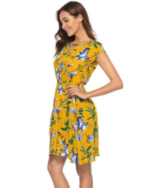 Women's V Neck Holiday Dress Ladies Summer Floral Print Beach Party Mini Dress