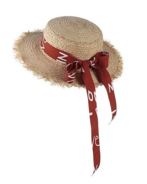 Women's Summer Straw Raffia Woven Print Ribbon Decor Beach Hat