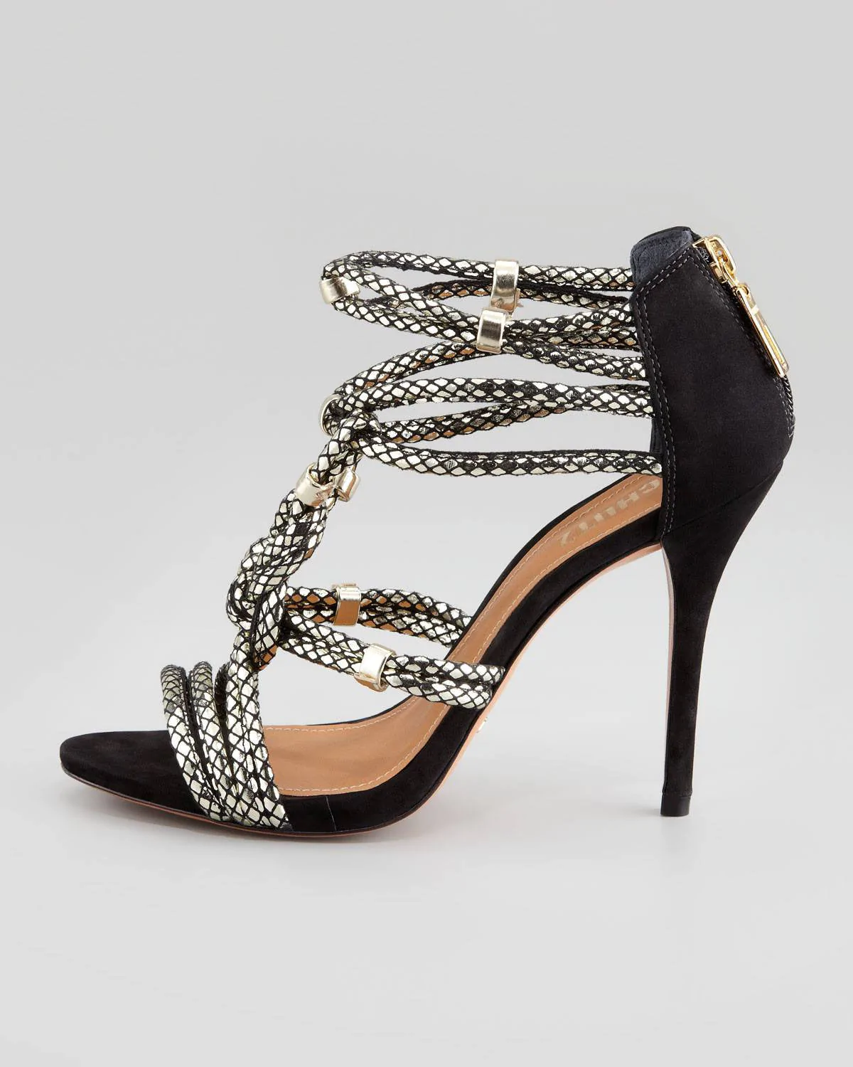 Schutz Black Aksaya Metallic Snakeprint Sandal-SCHUTZ-Fashionbarn shop