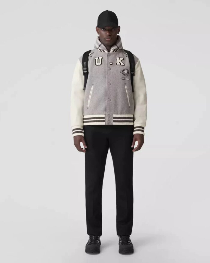 Burberry Leather Sleeve Technical Wool Varsity Jacket