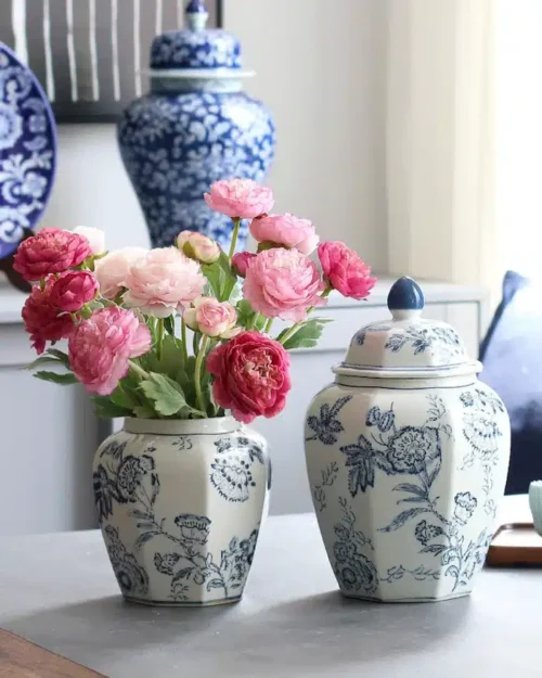 Ming Jar Blue and White Continental Chinoiserie Porcelain Octagonal Vases