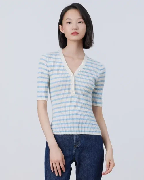 ERDOS Cashmere V-Neck Striped Short-Sleeved Sweater