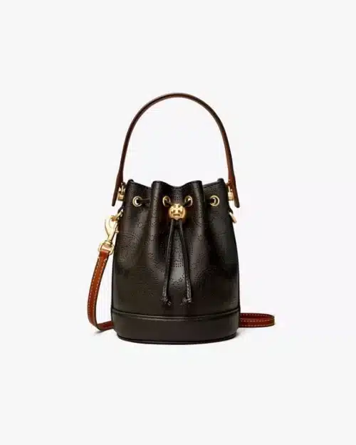 Tory Burch Mini T Monogram Perforated Bucket Bag, Black