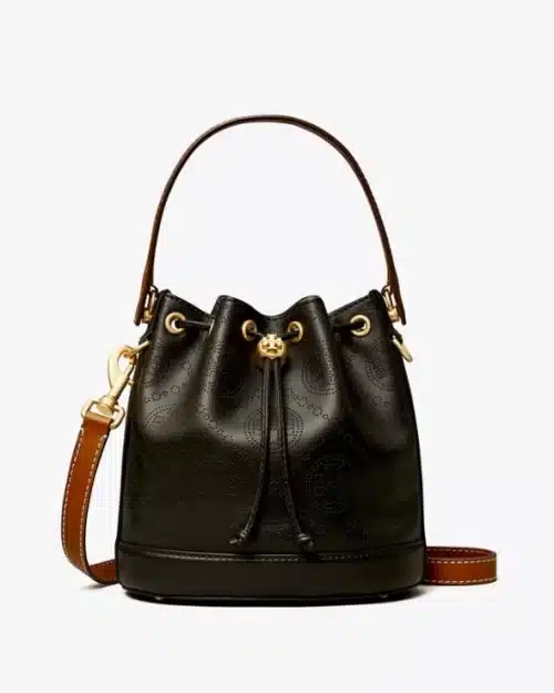 Tory Burch T Monogram Perforated Bucket Bag, Black
