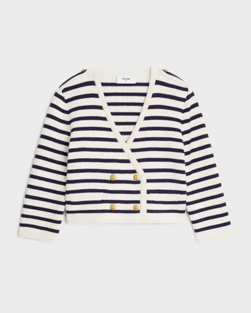 Celine Cropped Mariniere Cardigan In Wool Cream / Black