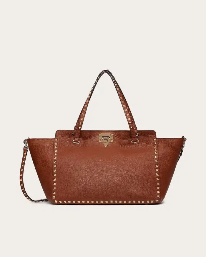 Valentino Garavani Medium Grainy Calfskin Rockstud Bag In Saddle Brown