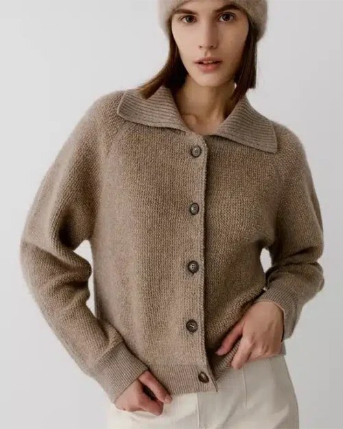 NoraLux Cashmere Collared Cardigan Sweater In Camel
