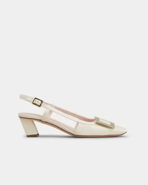 Roger Vivier Belle Vivier Metal Buckle Slingback Pumps in Off White Patent Leather