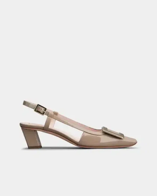 Roger Vivier Belle Vivier Metal Buckle Slingback Pumps in Beige Patent Leather