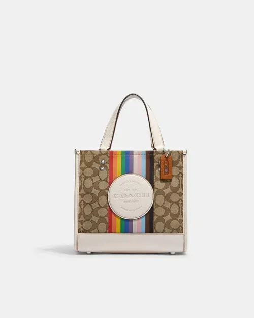 Coach Dempsey Tote 22 In Signature Jacquard With Rainbow Stripe And Coach Patch