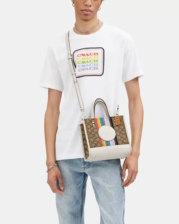 Coach Dempsey Tote 22 In Signature Jacquard With Rainbow Stripe And Coach Patch - Image 5