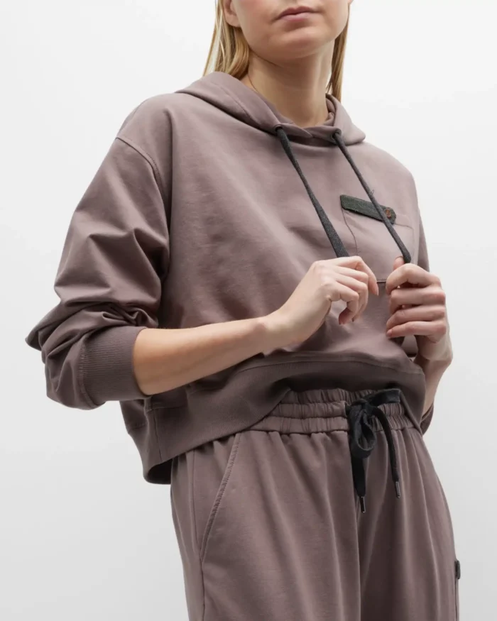 Brunello Cucinelli Monili-Tab Cotton Felpa Crop Hoodie - Image 4