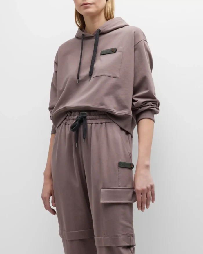 Brunello Cucinelli Monili-Tab Cotton Felpa Crop Hoodie - Image 5