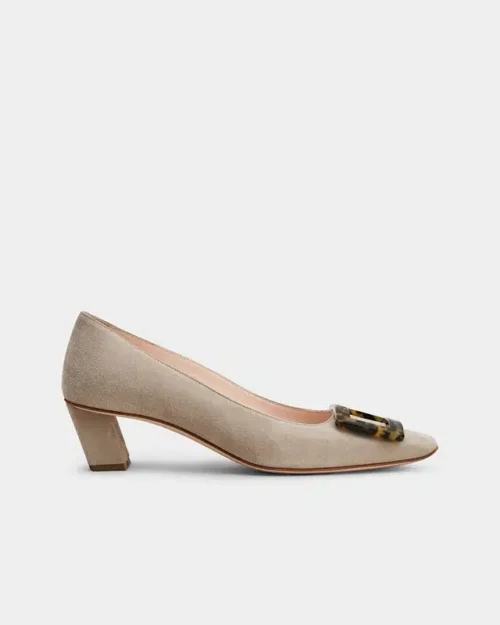 Roger Vivier Belle Vivier Stone Buckle Pumps in Beige Suede