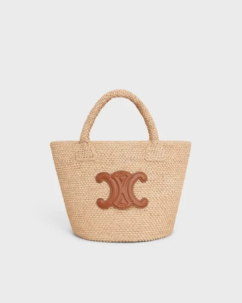 Celine Supple Small Triomphe Basket In Raffia And Calfskin Tan
