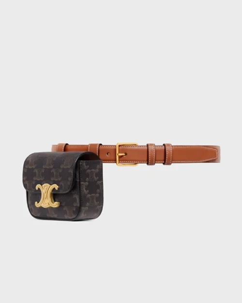 Celine Triomphe Belt Bag In Canvas And Calfskin Tan