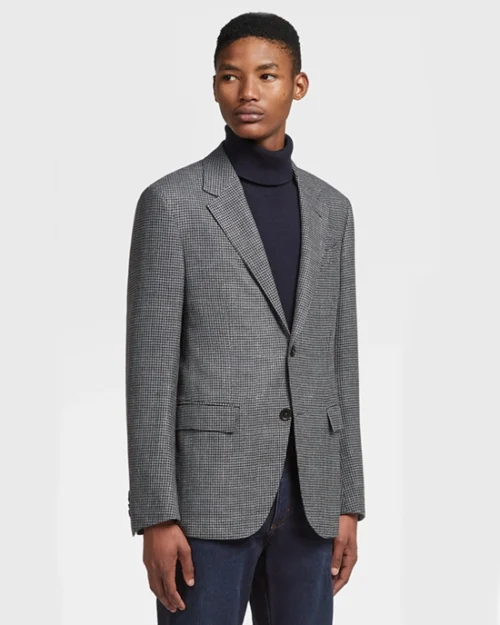 Zegna Pied De Poule Wool, Silk And Linen Jacket