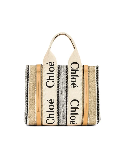 Chloe Woody Small Striped Linen Tote Bag