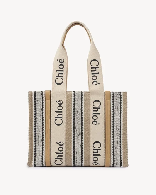 Chloe Woody Medium Striped Linen Tote Bag